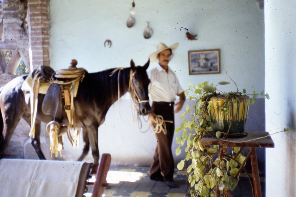 Jose takes his horse through the front entrance